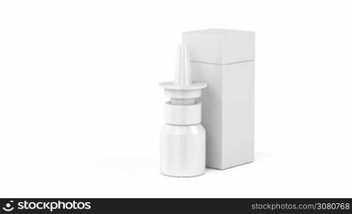 Blank nasal spray bottle and plastic box on white background