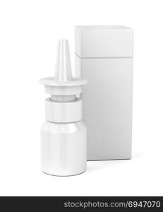 Blank nasal spray bottle and plastic box on white background