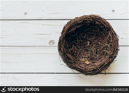 Blank nest on wood background with space