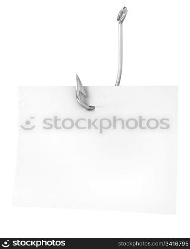Blank note paper on a fishing hook, isolated on white background