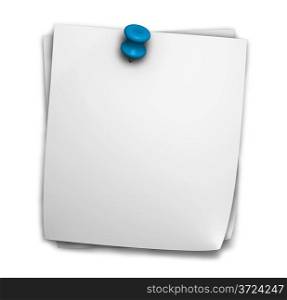 Blank note paper post it for office and business notes with blue push pin and shadow isolated on white background.