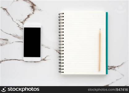 Blank note papers, smart phone and pencil on white marble background, with copy space for text, top view