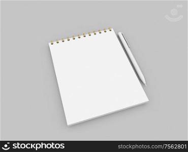 Blank notebook and pen on a gray background. 3d render illustration.. Blank notebook and pen on a gray background.