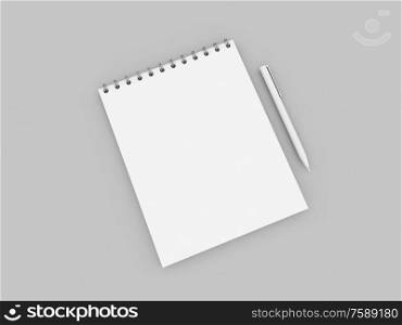 Blank notebook and pen on a gray background. 3d render illustration.. Blank notebook and pen on a gray background.