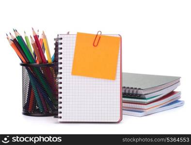 blank notebook sheet and apple. Schoolchild and student studies accessories. Back to school concept.