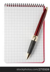 Blank notepad and a ballpoint pen. Isolated on a white background with clipping path.