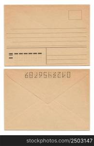 Blank old envelope, front and rear side, yellowed paper, isolated on white
