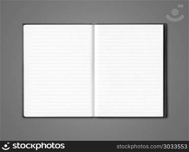 Blank open lined notebook mockup isolated on dark grey. Blank open lined notebook isolated on dark grey. Blank open lined notebook isolated on dark grey