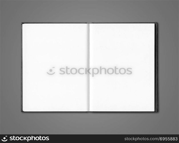 Blank open notebook mockup isolated on dark grey. Blank open notebook isolated on dark grey