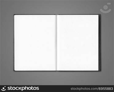 Blank open notebook mockup isolated on dark grey. Blank open notebook isolated on dark grey