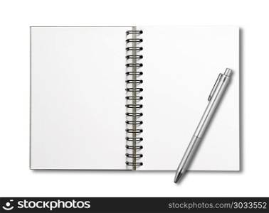Blank open spiral notebook and pen mockup isolated on white. Blank open spiral notebook and pen isolated on white. Blank open spiral notebook and pen isolated on white