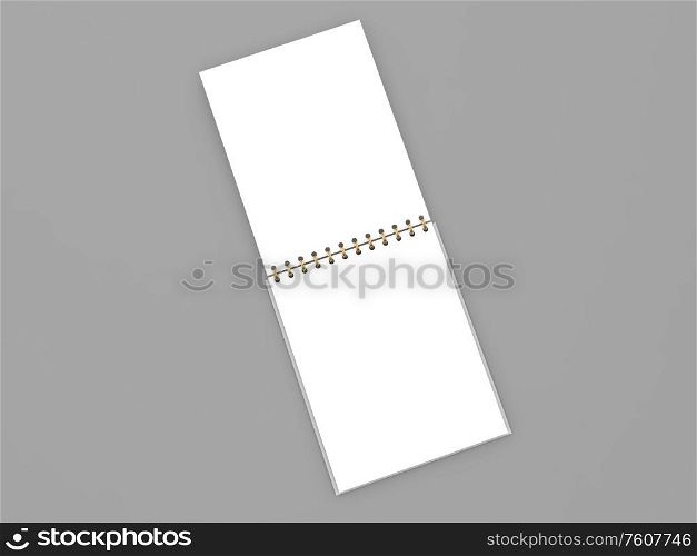 Blank open spiral notebook on a white background. 3d render illustration.. Blank open spiral notebook on a white background.