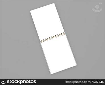 Blank open spiral notebook on a white background. 3d render illustration.. Blank open spiral notebook on a white background.
