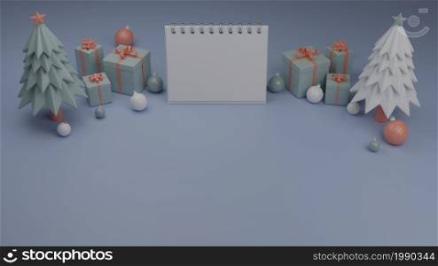 Blank page of calendar between present boxes or gift boxes for the new beginning year or season 3D rendering illustration