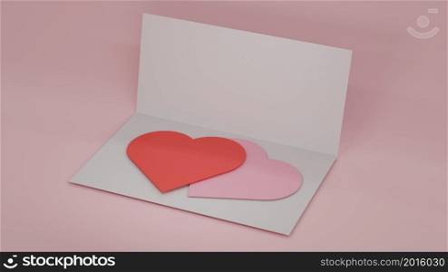Blank paper card with red and pink heart shape to send love and care in festival 3D rendering illustration