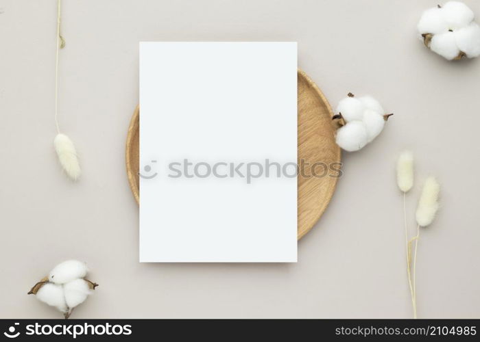 Blank paper cards, Greeting card Mockup with pampas grass on a wooden plate, beige background, Minimal beige workplace composition, flat lay, mockup