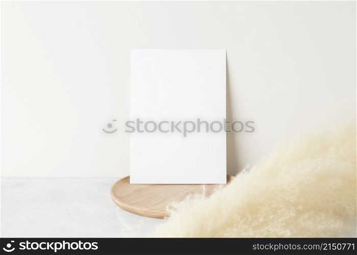 Blank paper cards, Greeting card Mockup with pampas grass on a wooden plate, beige background, Minimal beige workplace composition, mockup
