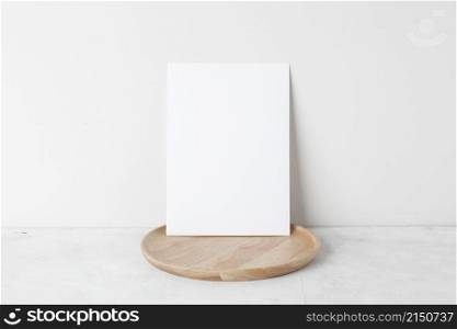 Blank paper cards, Greeting card Mockup with wooden plate, white background, Minimal beige workplace composition, mockup