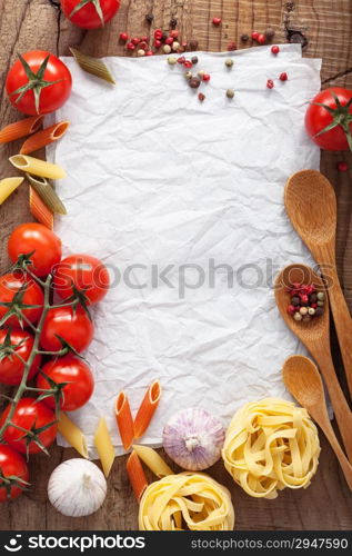 blank paper for recipes with ingredients tomatoes pasta pepper