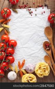 blank paper for recipes with ingredients tomatoes pasta pepper