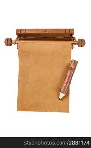 Blank parchment manuscript and pencil isolated on white background