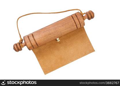 Blank parchment manuscript in a wooden case isolated on white background