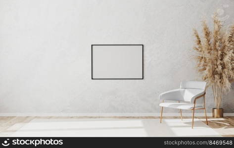 Blank picture frame in bright contemporary empty room interior with luxury white chair on wooden parquet floor and white decorative plaster wall, 3d rendering