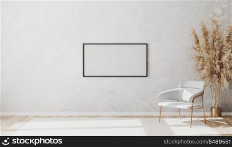 Blank picture frame in bright contemporary empty room interior with luxury white chair on wooden parquet floor and white decorative plaster wall, 3d rendering