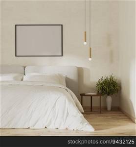blank picture frame mock up above bed in modern bedroom interior, 3d render