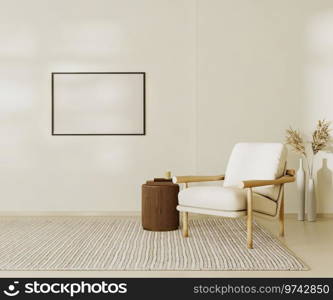 Blank picture frame mock up in beige contemporary minimalist interior with armchair, coffee table and decor. 3d render illustration 