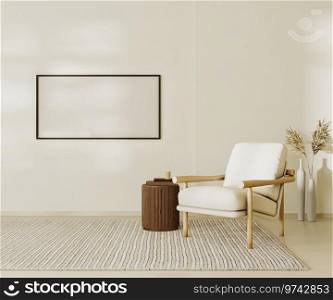 Blank picture frame mock up in beige contemporary minimalist interior with armchair, coffee table and decor. 3d render illustration 