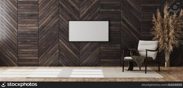 Blank picture frame mock up in empty modern room interior background with wooden decorative panel on the wall and wooden chair with blanket, living room interior background, 3d rendering