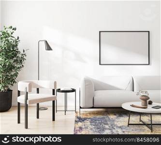 blank picture frame mock up in modern light living room interior, 3d rendering