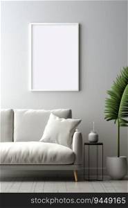 Blank picture frame mockup on gray wall. Modern living room design. Vertical template for artwork, digital ai.