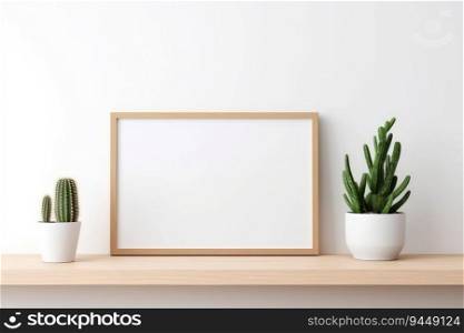 Blank picture frame mockup on wall in modern interior. Artwork template mock up in interior design with trendy vase, digital ai.