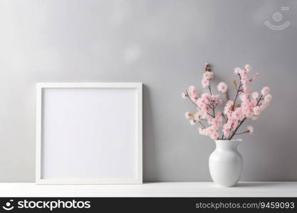 Blank picture frame mockup on wall in modern interior. Artwork template mock up in interior design with trendy vase, digital ai.