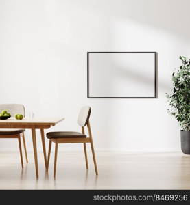 blank picture frame mockup on white wall, room with dinning table and chairs, 3d rendering