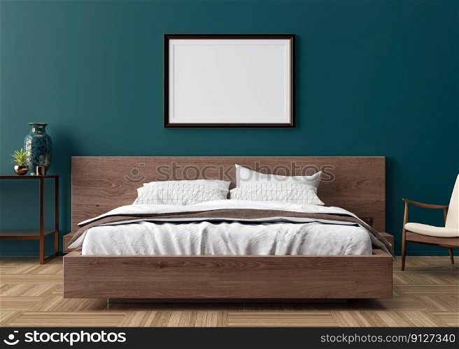 Blank picture frame on blue wall in bedroom. Mock up poster frame in modern interior. 3D render, 3D illustration. Free space, copy space for your design. Wooden bed, armchair, sideboard. Blank picture frame on blue wall in bedroom. Mock up poster frame in modern interior. 3D render, 3D illustration. Free space, copy space for your design. Wooden bed, armchair, sideboard.