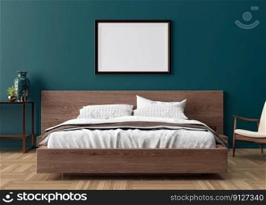 Blank picture frame on blue wall in bedroom. Mock up poster frame in modern interior. 3D render, 3D illustration. Free space, copy space for your design. Wooden bed, armchair, sideboard. Blank picture frame on blue wall in bedroom. Mock up poster frame in modern interior. 3D render, 3D illustration. Free space, copy space for your design. Wooden bed, armchair, sideboard.