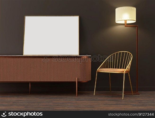 Blank picture frame on brown wall in living room. Mock up poster frame in modern interior. 3D render, 3D illustration. Free space, copy space for your design. Blank picture frame on brown wall in living room. Mock up poster frame in modern interior. 3D render, 3D illustration. Free space, copy space for your design.