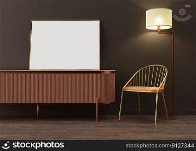 Blank picture frame on brown wall in living room. Mock up poster frame in modern interior. 3D render, 3D illustration. Free space, copy space for your design. Blank picture frame on brown wall in living room. Mock up poster frame in modern interior. 3D render, 3D illustration. Free space, copy space for your design.