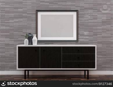 Blank picture frame on gray wall in living room. Mock up poster frame in modern interior. 3D render, 3D illustration. Free space, copy space for your design. Blank picture frame on gray wall in living room. Mock up poster frame in modern interior. 3D render, 3D illustration. Free space, copy space for your design.