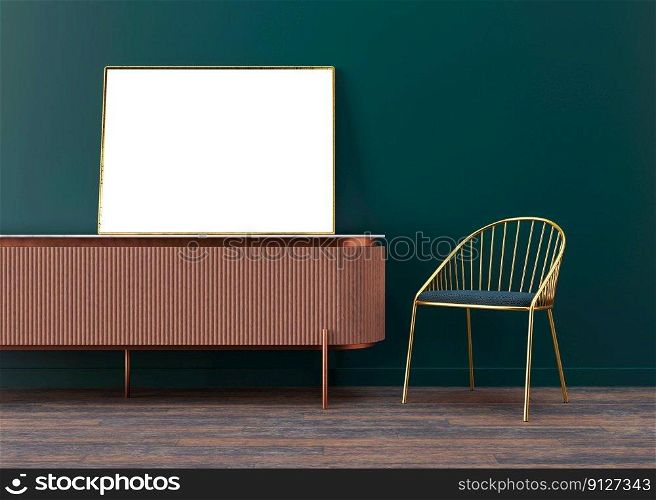 Blank picture frame on green wall in living room. Mock up poster frame in modern interior. 3D render, 3D illustration. Free space, copy space for your design. Blank picture frame on green wall in living room. Mock up poster frame in modern interior. 3D render, 3D illustration. Free space, copy space for your design.