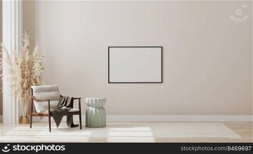 Blank picture frame on wall in minimalist modern living room interior background, living room mock up in scandinavian style, 3d rendering
