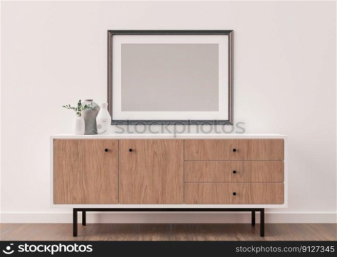 Blank picture frame on white wall in living room. Mock up poster frame in modern interior. 3D render, 3D illustration. Free space, copy space for your design. Blank picture frame on white wall in living room. Mock up poster frame in modern interior. 3D render, 3D illustration. Free space, copy space for your design.