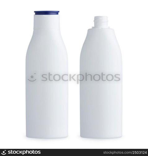 Blank plastic white cosmetics bottle, closed and open, isolated on white background