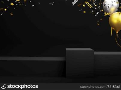 Blank podium with balloon and confetti falling for black friday sale 3D render