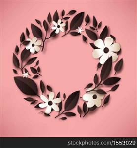 Blank postcard template flower wreath leaves and buds vector background blossom floral decor spring plants round frame greeting card mockup nature elements birthday or anniversary wedding invitation. Flower wreath blank postcard template leaves and buds