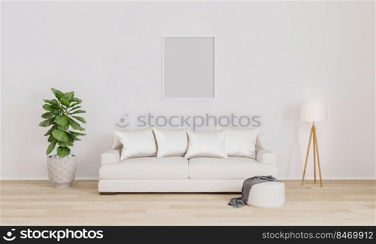 Blank poster/πcture frame for mockup. Bright living room with white sofa, white modern l&, plant.  Furnished living room with white wall and wooden floor.3d illustration. Interior design.