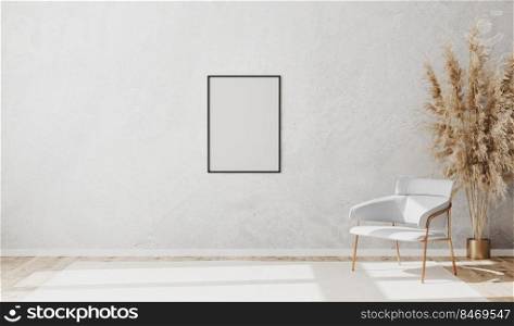 Blank poster frame in bright contemporary empty room interior with luxury white chair on wooden parquet floor and white decorative plaster wall, 3d rendering